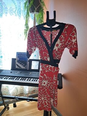 Mint Red Floral Wrap Dress with Black Trim